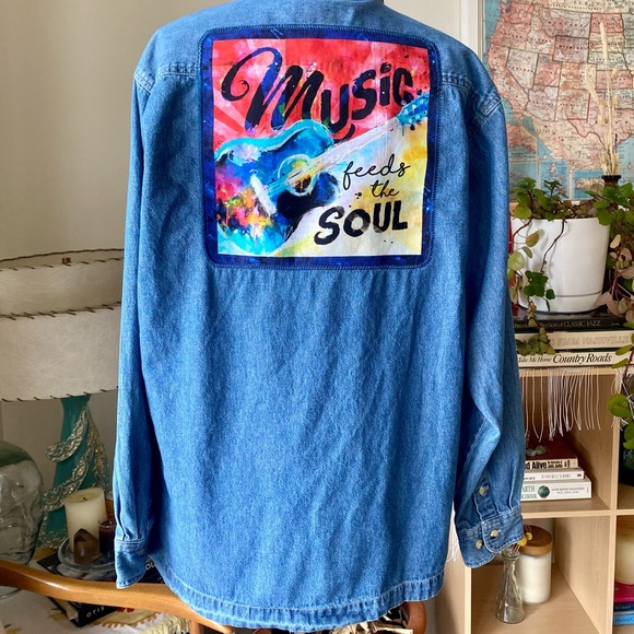 Custom Upcycled Vintage Denim Shirt W/ Music Feeds The Soul Embroidered Patch - Picture 5 of 16